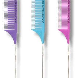 Set de 3 peines profesionales Hair Queen para secciones Balayage en colores rosa, azul y morado.