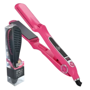 Plancha Hair Queen Infra y cepillo de pinza para alaciado profesional sobre fondo blanco con tecnología infrarroja y control preciso