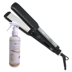 Plancha Hair Queen Supreme y protector térmico brasileño para alaciado profesional con brillo y protección capilar sobre fondo blanco