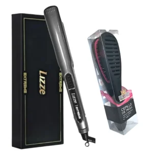Kit Plancha Lizze Extreme y Cepillo de Pinza para planchar cabello profesional fondo blanco Hair Queen Tools