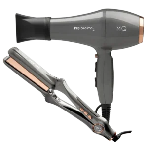 Plancha Pro 480 y Secadora Digital MQ Professional en fondo blanco, kit profesional para secado rápido y alaciado uniforme