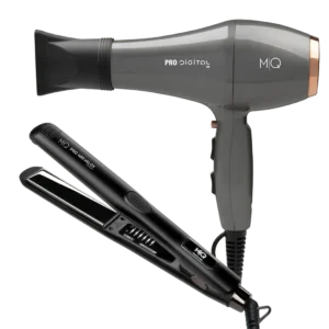 Plancha Velox y Secadora Digital MQ Professional en fondo blanco, kit profesional para secado rápido y alaciado con acabado brillante